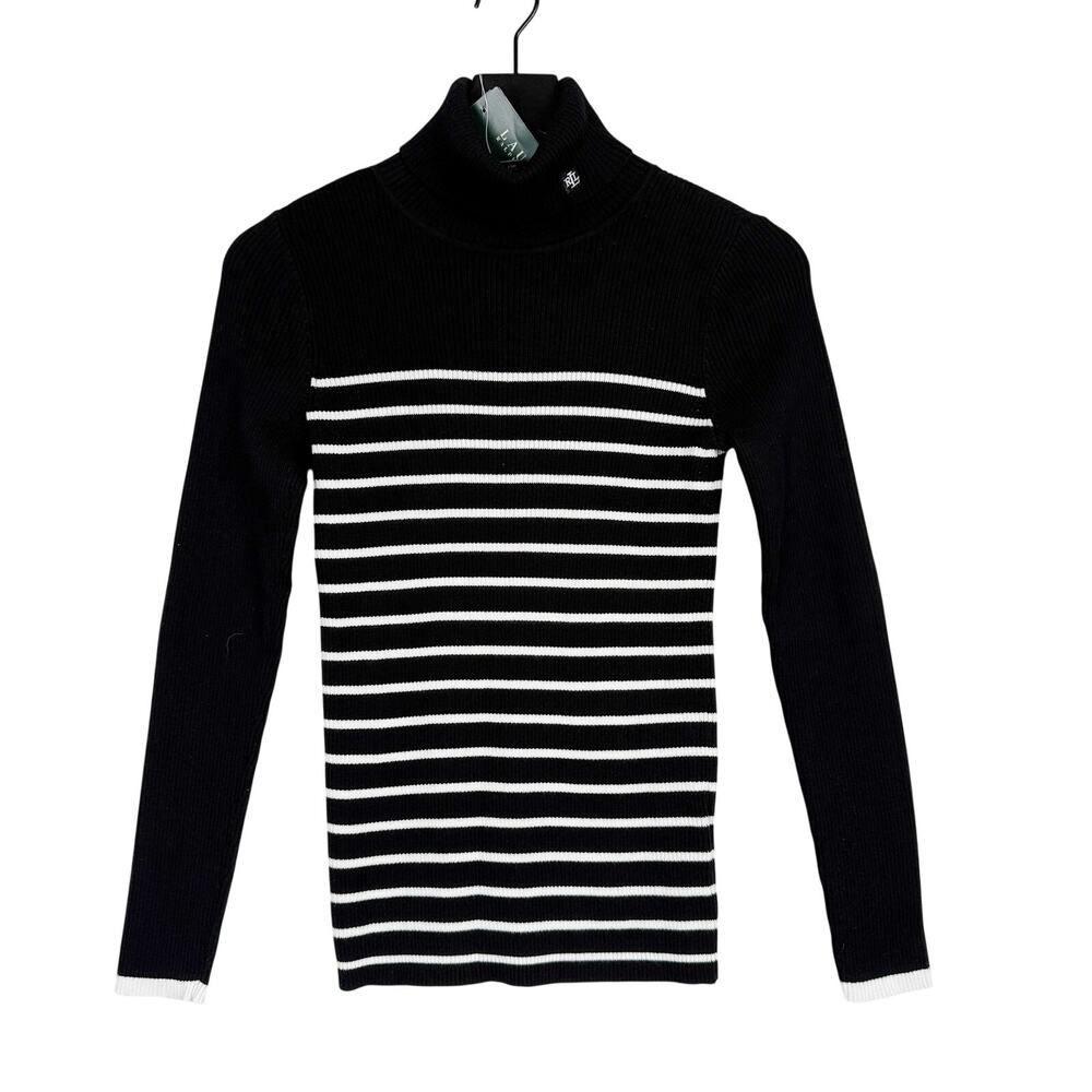 New Lauren Ralph Lauren Turtleneck Rib Stripe Black White Sweater - S